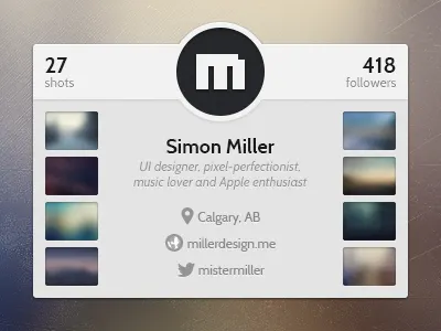 Dribbble Profile Card card designer dribbble freebie gray info modal profile psd rebound thumbnails white window