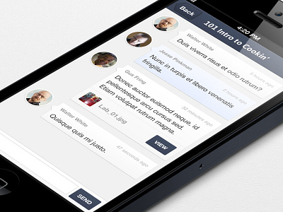 iOS chat 3d app application attachment balloon button chat cloud discussion image ios iphone page photo profile round screen send timeline upload