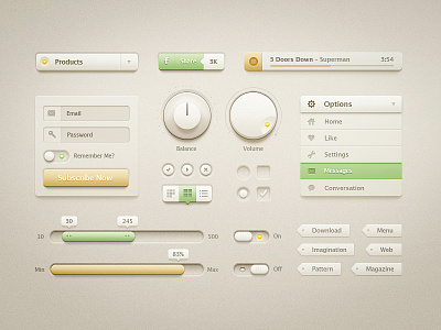 Ui Kit box button check coffee interface kit knob light login menu navigation options password player share tag ui