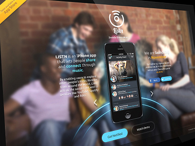 Listn landing page app design feed ios ipad iphone iphone5 landing page listn music photoshop website