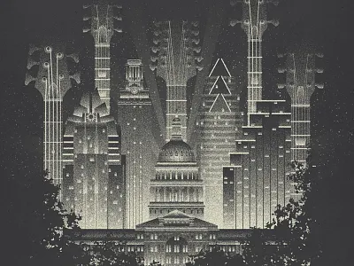 Live Music Capital art deco austin bass city glow grain guitars lights live music capital music night screenprint skyline texas texture