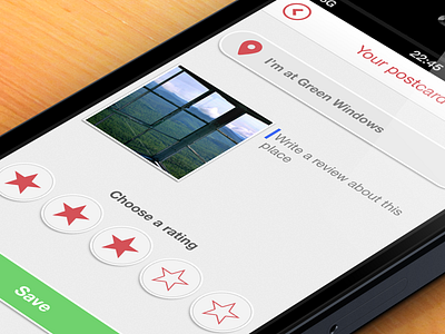 Creation of postcard app green grey interface ios iphone photo postcard rating red ui