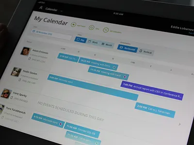 Calendar. Horizontal orientation app blue calendar clean events filters interface ipad meetings ui ux