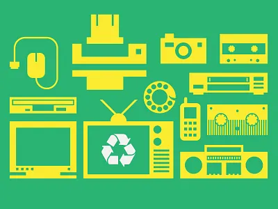 Electronics Recycling camera electronic floppy icons mouse phone player printer recycling retro simple tape tv vhs video