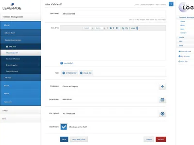 Leverage Content Management System blue checkbox cms content date design dropdown file fluid input leverage management photoshop picker responsive system ui upload web wysiwyg