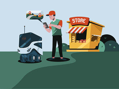 Automated Food Delivery - Illustration ai delivery creative delivery delivery app delivery service drone delivery fast food food food app food delivery application food delivery service food desing food order foodie human centric illustration illustration set isometric robot delivery service