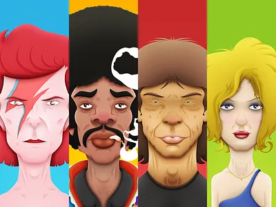 Holler Boardroom Illustrations blondie boardroom caricature david bowie deborah harry digital holler illustration jimi hendrix mick jagger music musician portrait print singer smoking the rolling stones ziggy stardust