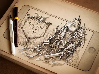Knight app button character game gui interface ios iphone knight loading menu navigation old paper pen pencil rusty screen settings sketch sword vintage