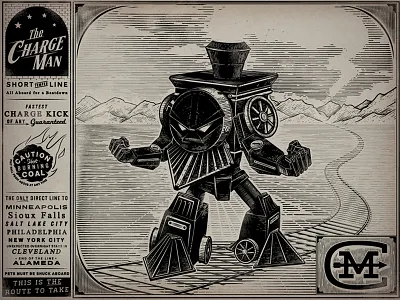 Charge Man Poster arrow coal flames illustration logo railroad train typography vintage