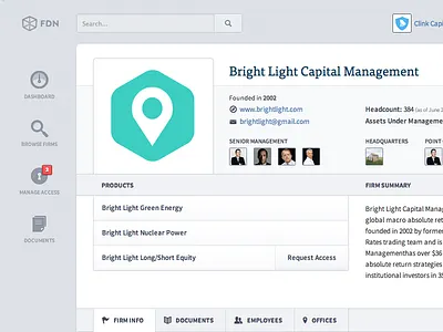 Firm Profile charts entypo financial graphs navigation notifications open sans profile skolar social network table