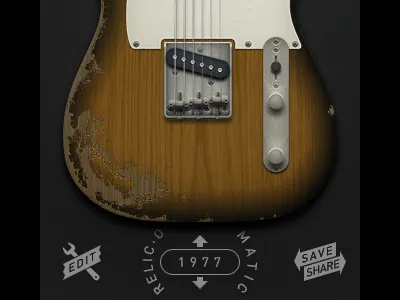 Guitar app — new UI plus custom paint jobs aged buttons custom damaged edit flat guitar illustration interface photoshop save share sunburst ui