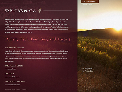 Rancho Caymus Interior Page california call to action content cta deals design home page homepage hotel mediterranean napa napa valley old world rancho rutherford specials subtle textures valley web design website wine wine country