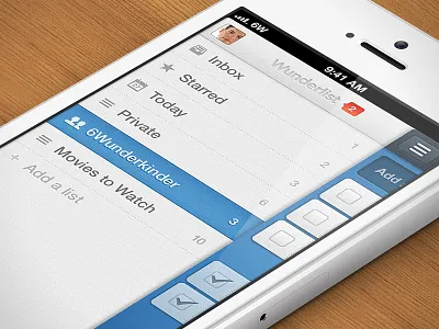 Wunderlist 2 - iPhone Sidebar 6w 6wunderkinder aufgabe avatar checkmark icon interface ios iphone list mobile notification paper share star starred swipe table task taskmanager todo ui wood wunderlist