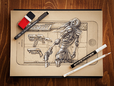 Armory app button character concept game girl gui hitech ios iphone loading menu metal paper pen pencil prototype screen settings sketch weapon