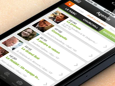 Les Grignoux agenda app application cinema date film films green iphone list list view mobile design movie movies nav bar orange pattern tab bar texture theater