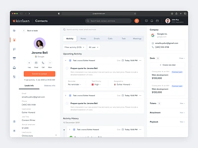 Kirrivan SaaS CRM - Lead Details activity client contact contract crm dashboard deals email hrm leads management project saas sales system timeline ui ux
