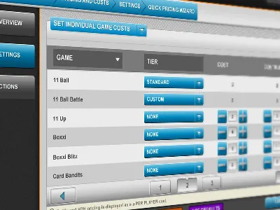 Control Panel - Set Pricing per Game breadcrumbs control panel dashboard drop downs games html pagination ui