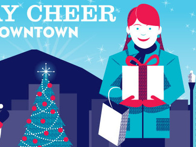Holiday Cheer Lives Downtown buildings carolers christmas christmas tree gifts shopping singers