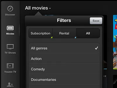 Unfinished Youzee for iPad 1.0: Filters ios ipad movies popover youzee