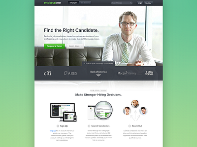 Endorse.me Homepage button home home page landing landing page login logos magnifying glass photo register search steps ui ux web website