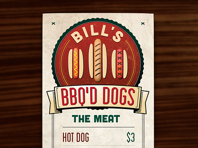 Bill's BBQ Dogs Menu badge hot dog illustration meat sausage