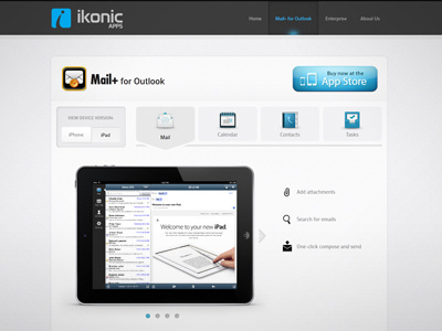 Ikonic Apps - Website app apple apps blue button clean full gray homepage ipad mail mobile page swipe switch tabs website white