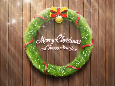 Merry Christmas & Happy New Year ball christmas green holiday merry needles new red ribbon snow winter wood wreath year