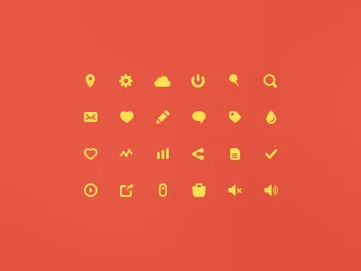 Yellow icon (15x15) PSD activity badge bag bubble check cloud drop gear heart icons mail pencil pin play power psd reply search share sound stats text toggle