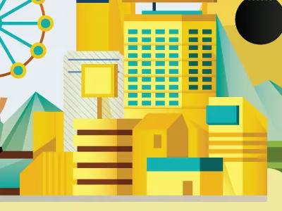 The future town architecture building city design digital guitar icon illustration indonesia movie people ship town vector yellow