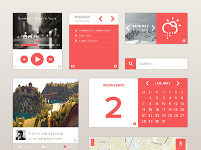 Widgets calendar dribbble flat interface mail map player screendesign search social ui weather widget widgets