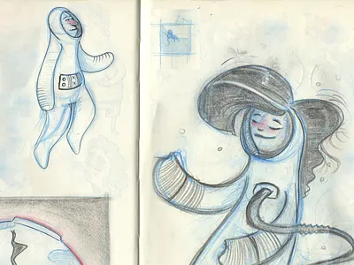 Some Space People Sketches character character design floating girl illustration moon sketch space spacegirl spaceman