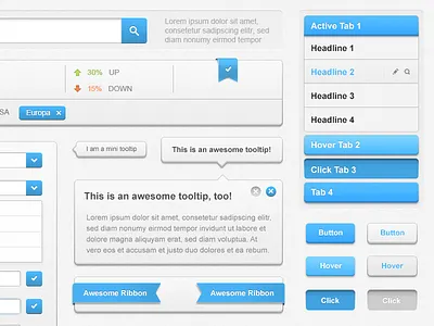 Free KICK-ASS GUI PSD blue boxes btn button checkbox dialog forms free green grey gui menu pink psd ribbon set tags tooltip ui
