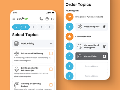 LeggUP – Build My Program: Select and Order Topics app design coaching flutter leggup mobile app order path productivity program progress schedule topics ui ux web app