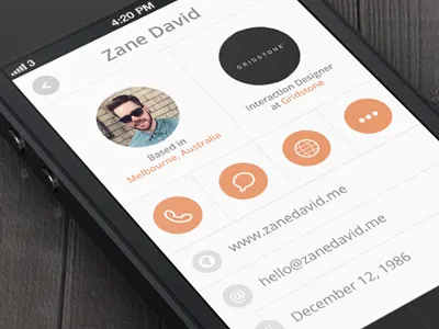 Profile Sreen app circle circles details display grid info iphone light menu mobile orange photo profile screen tab ui ux