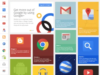 Google+ Grid android blogger cards chrome clean color colour flat gmail google grid icons illustration landing page layout maps navigation news overview play responsive search social ui web app web design webdesign website youtube