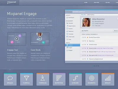 Mixpanel Feature Page Concept analytics blue browser chrome grey mixpanel proxima nova stratum texture web app