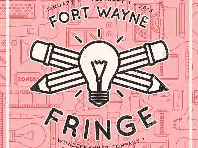 Fort Wayne Fringe Fest Poster brassiere bulb film fort wayne fringe fest fringe festival hook indiana light megaphone microphone nail pen pencil poster ticket typewriter window