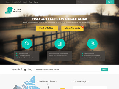 CottagePages.com website design cottage cottage listing cottage pages flat homepage design layout design minimal modern pages search cottage webdesign website design