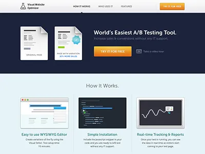 Visual Website Optimizer Landing Page ab testing blue clean data features graph icons intro landing museo sans nuance open sans optimizer page real time sleek usp visual vwo website
