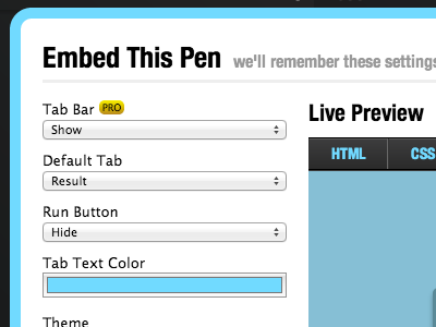 Embed Builder codepen embed select