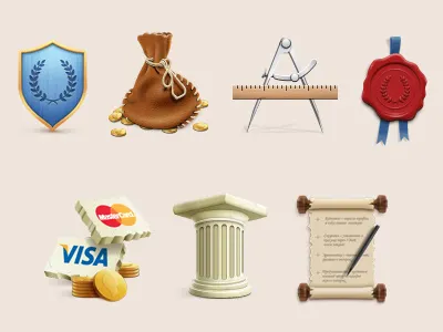 Ancient Greece beige brown compasses gold greece icons laurel wreath leather master card metal money papyrus pouch purse ruler shield stamp stone visa wood