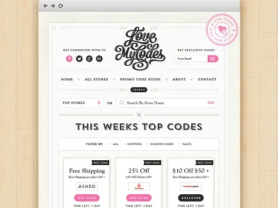 LoveMyCodes v2 black brand coupons girls homepage pink ribbon script seal website