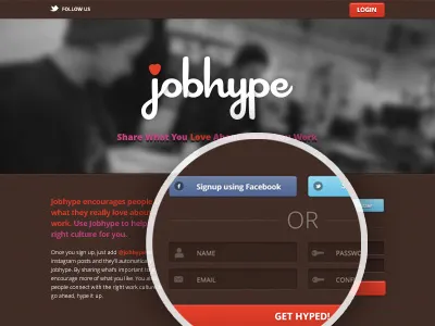 Jobhype Signup Webpage app application chocolate dark design facebook heart jobhype login love social socialmedia twitter ui ux web webapp work
