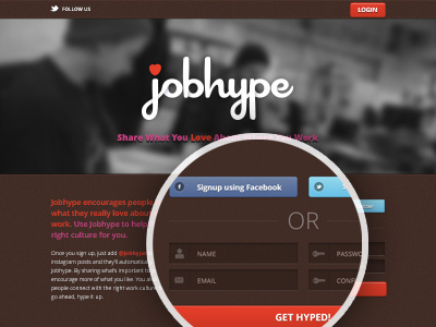 Jobhype Signup Webpage app application chocolate dark design facebook heart jobhype login love social socialmedia twitter ui ux web webapp work