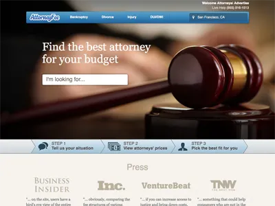 AttorneyFee Homepage b2b blue brown homepage layout legal web design website