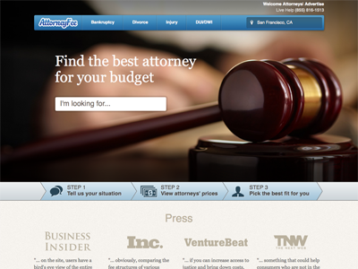 AttorneyFee Homepage b2b blue brown homepage layout legal web design website