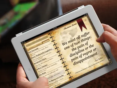Biztome iPad App app brown dark ipad leather quotes skeuomorphic skeuomorphism ui wood