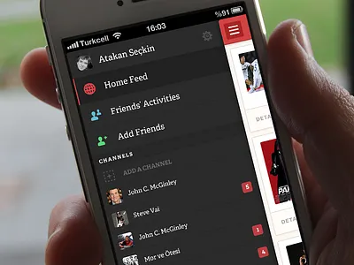 Left Navigation channels events feed follow friends home ios iphone left navigation profile track
