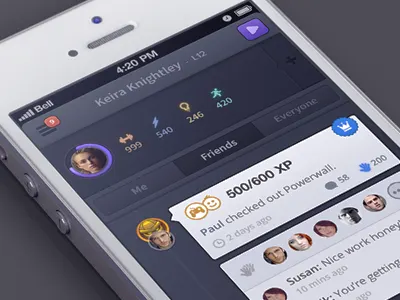 Healthy Heroes (activities) activities app blue dark feed game green health ios iphone progress bar purple stream ui ux