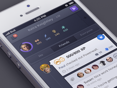 Healthy Heroes (activities) activities app blue dark feed game green health ios iphone progress bar purple stream ui ux